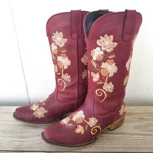 Roper Flower Embroidery Womens Wine Cowboy Western Boots 9 M